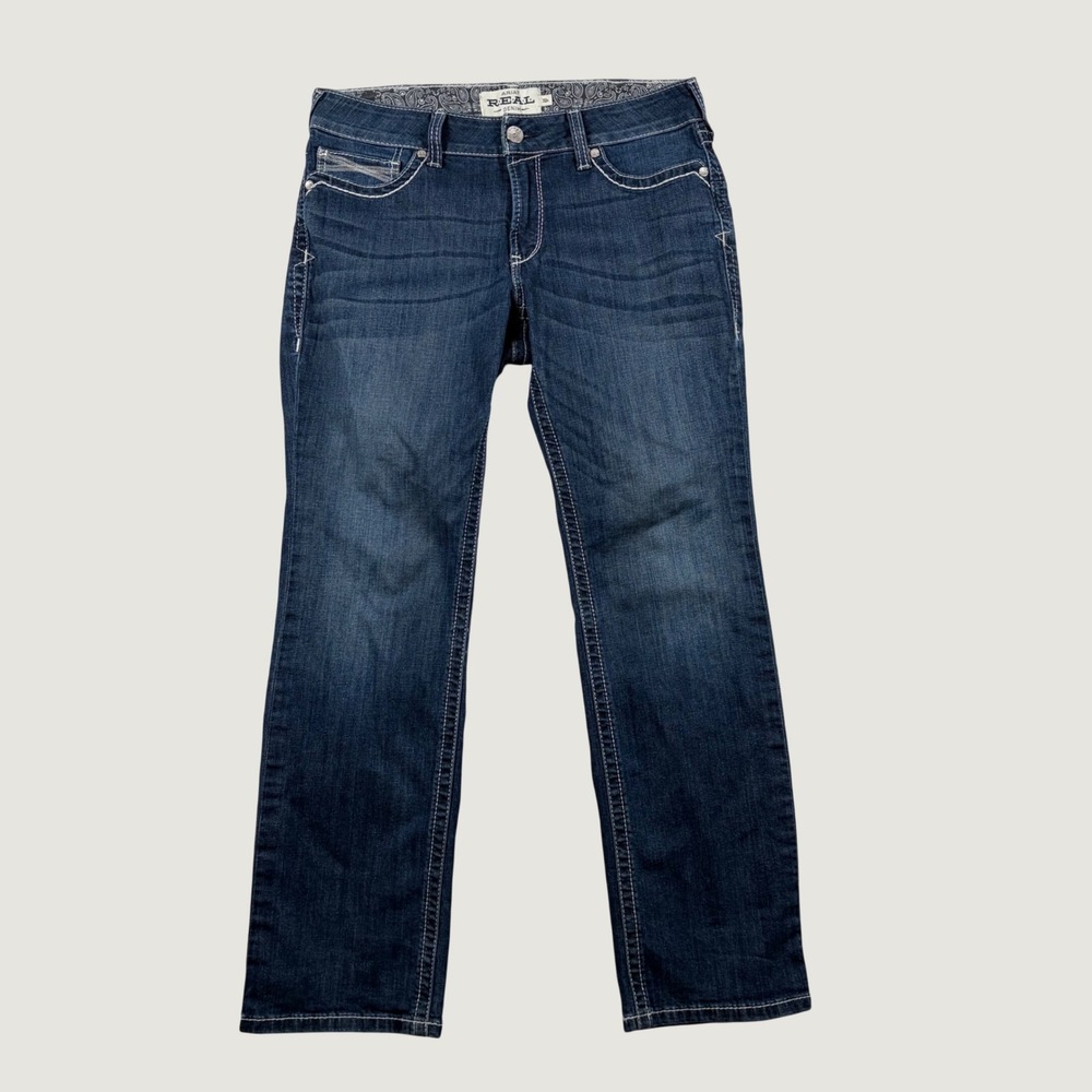 Ariat REAL Denim Jeans Womens Straight Leg Contrast Stitch 32x32 Dark Wash Blue